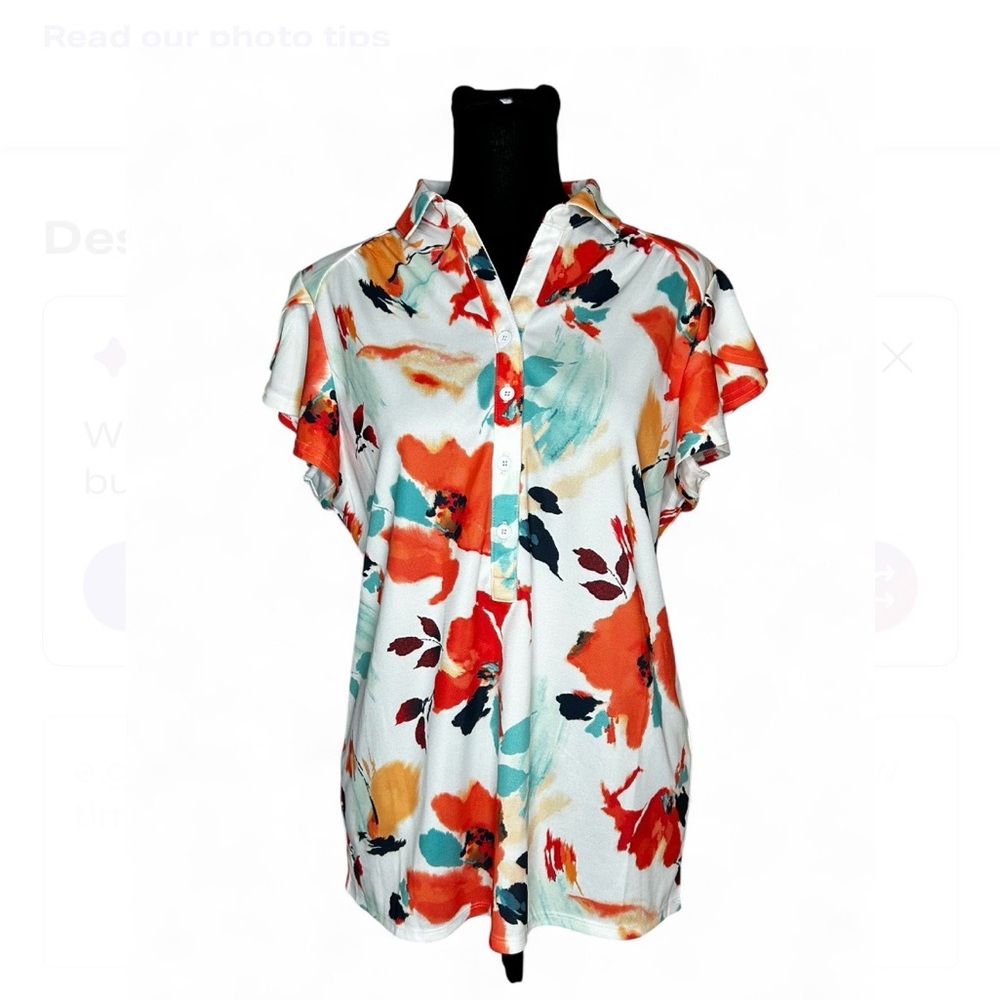 CHICO’S Multicolor Floral 1/2 Button Down Shirt M, Short Sleeves Ruffle Back